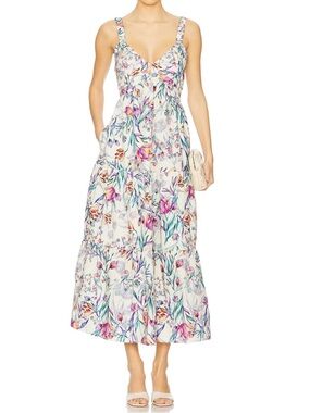 Floral V-Neck Summer Maxi Dress in White with Multicolor Blooms